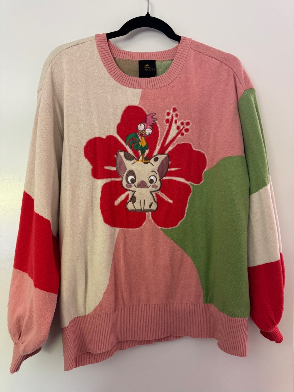 Moana - Pua and Heihei color blocking pink and green sweater. Size Large